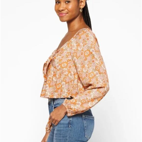 Daisy & Delilah (M) Floral Smocked Long Sleeve Peasant Top Tie Front Crop Blouse - Picture 4 of 16